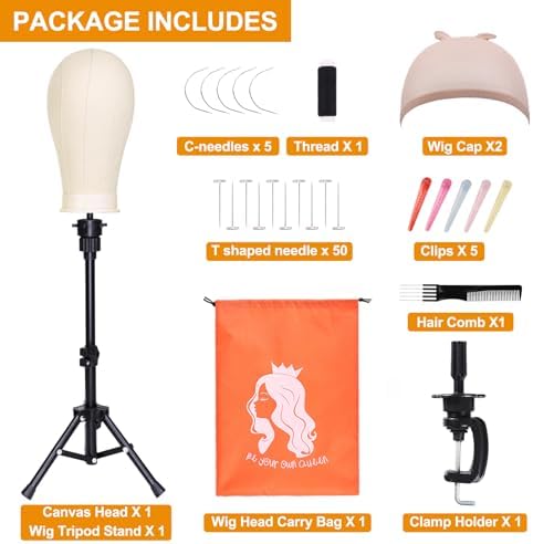 PWEOUKE 22 Inch Canvas Wig Head with Stand for Wigs ,Height Adjustable Wig Stand Tripod with Canvas Block Wig Head,Manikin Head Block Set for Cosmetology with Wig Stand and Storage Bag 22 Inch