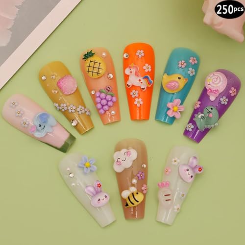 1 Pack of 250pcs Cute & Sweet 3D Nail Charms for Acrylic Nails, Perfect for Nail Art Decorations & DIY Accessories Crafts,Flower Bee Pineapple Bear Charms for Nail (#1-multi-color)