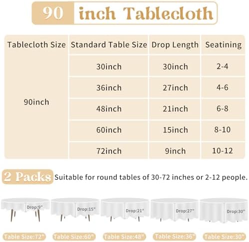 2 Pack 90 Inch White Round Tablecloth for Round Table Washable Reusable Outdoor Polyester Fabric Decorative Dining Table Cover for Buffet, Camping, Baby Shower, Party