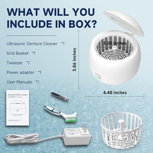 Ultrasonic Retainer Cleaner, 45kHz Retainer Cleaner Machine for Dentures, 4 Mode Dental Cleaning Pod with 200ML Capacity for Retainer Denture Cleaner, Night Guards