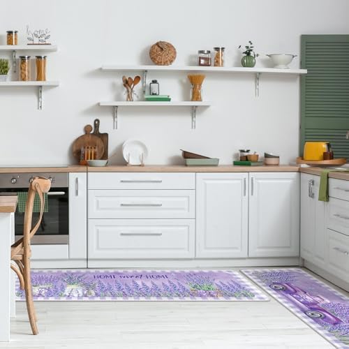Purple Kitchen Rugs Set of 3 Lavender Kitchen Rug Purple Floor Mats Lavender Decor Area Rug for Farmhouse Home Accessories Stuff,20 x 32, 20 x 47 and 20 * 59 Inch