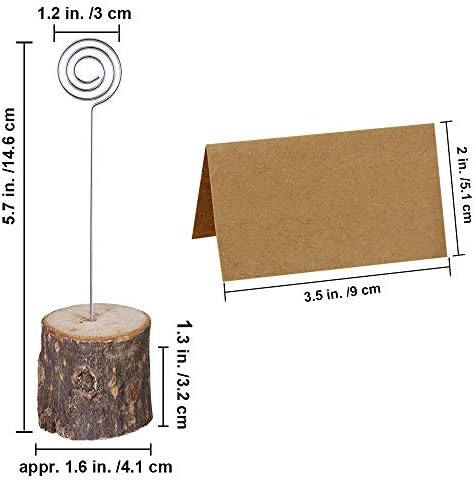 Supla 20 Pcs Rustic Wood Place Card Holders with Swirl Wire Wooden Bark Memo Holder Stand Card Photo Picture Note Clip Holders 5.8" and Kraft Place Cards Bulk for Wedding Party Table Number Name Sign