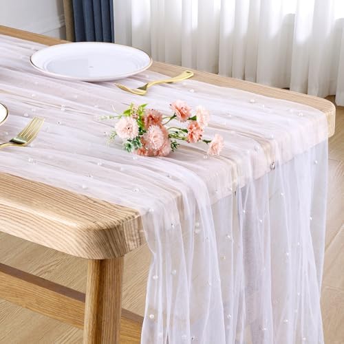 2 Pcs 10 Ft Pearl Table Runner Lace Tablecloth 30x120 Inch White Tulle Fabric Cover Table Cloth Bridal Elegant Veil Arch Decorations for Wedding Baby Shower Birthday Pearl Party Dessert Table Decor