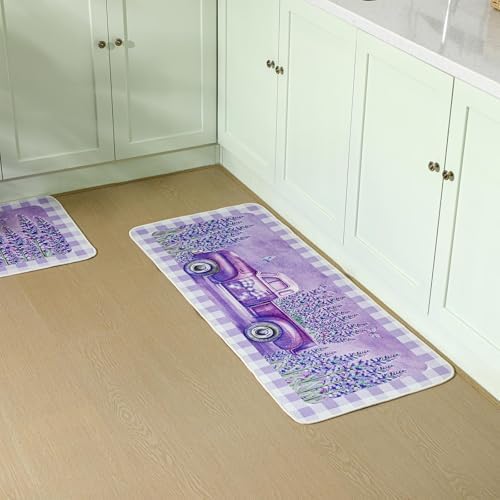 Purple Kitchen Rugs Set of 3 Lavender Kitchen Rug Purple Floor Mats Lavender Decor Area Rug for Farmhouse Home Accessories Stuff,20 x 32, 20 x 47 and 20 * 59 Inch