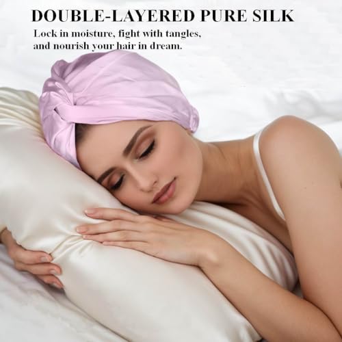 100% Mulberry Silk Bonnet for Women Hair Care, Grade 6A Silk Sleeping Cap - Stay On All Night Hair Wrap for Sleeping (Apricot/06, One Size-Medium)