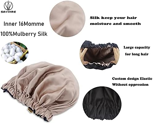 100% Mulberry Silk Lined Bonnet Adjustable Satin Sleep Cap 19 Momme Silk Bonnet for Women Curly,Long Hair Care