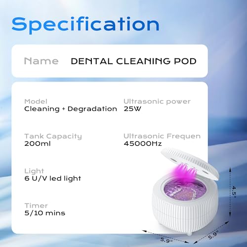 Ultrasonic Retainer Cleaner Machine, 45khz 25W Dental Cleaning Pod for Denture, Mouth Guard, Aligner, Night Guard, Braces, Ring and Jewelry, 200ml Portable