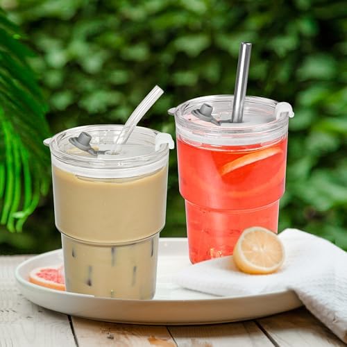15 oz Plastic Iced Coffee Cups with Lids and Straws Set of 6, Unbreakable Drinking Glasses Reusable Iced Coffee Glass to Go Cup for Matcha Tea Smoothie Juice Cup Dishwasher Safe