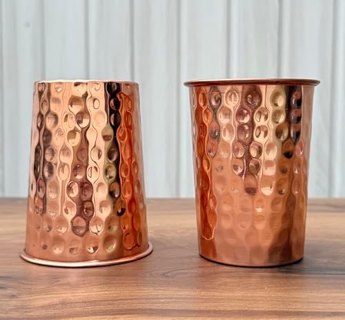 Set of 2 Hammered Pure Copper Cups For Drinking Water Glasses Tumblers Copper Glass for Ayurveda Health Benefits, UNCOATED and LACQUER Free