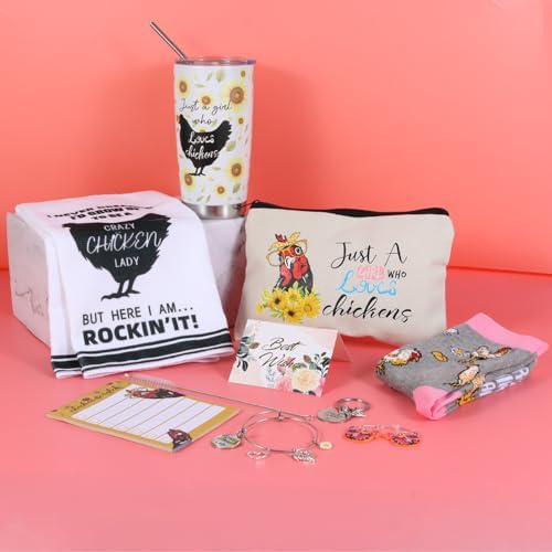 Kolewo4ever Chicken Lady Gifts Set Chicken Tumbler Cosmetic Bag Kitchen Towel Keychain Earrings Socks Charm Bracelet Notepad