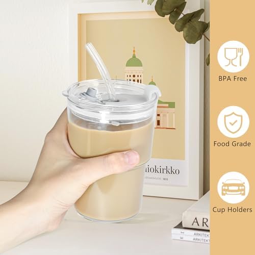 15 oz Plastic Iced Coffee Cups with Lids and Straws Set of 6, Unbreakable Drinking Glasses Reusable Iced Coffee Glass to Go Cup for Matcha Tea Smoothie Juice Cup Dishwasher Safe