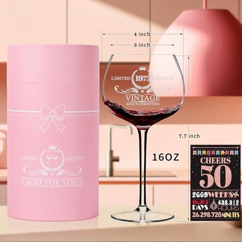 50TH Birthday Gifts for Her - 50 Years Old Gifts for Women - Vintage 1975 Vintage Red Wine Glass, Happy 50TH Birthday Decorations for Mom Best Friend Sister Wife Turning 50, Back in 1975 Poster
