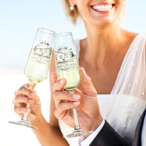 ROXBURGH 25th Wedding Anniversary Champagne Flutes Present Rhinestones Studded, 25th Anniversary Decorations 7 OZ Crystal Champagne Glasses Set of 2, Wedding Present, Couples