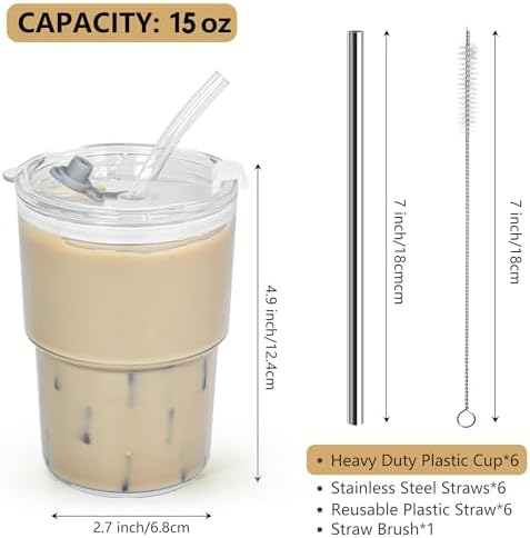 15 oz Plastic Iced Coffee Cups with Lids and Straws Set of 6, Unbreakable Drinking Glasses Reusable Iced Coffee Glass to Go Cup for Matcha Tea Smoothie Juice Cup Dishwasher Safe