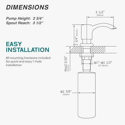 SAMODRA Built in Kitchen Sink Soap Dispenser (Brushed Nickel) with 12 oz Large PET Lotion Bottle, Refill from Top