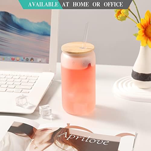 12 Pack Sublimation Glass Cups Frosted 16oz Blanks Beer Can Borosilicate Glasses Tumbler with Bamboo Lids and Straws for Beer, Juice, Soda, Iced Coffee, Drinks