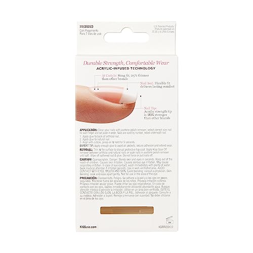 KISS Salon Acrylic French Nail Manicure Set, Medium Length, Square, “Je T'aime”, Nail Kit Includes Pink Gel Nail Glue (Net Wt. 2 g / 0.07oz.), Mini File, Manicure Stick, and 28 Fake Nails