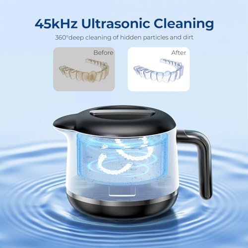 Ultrasonic Retainer Cleaner Machine - 45kHz Ultrasonic Jewelry Cleaner - 200ML Mouth Guard & Denture Cleaner Pod - 5 Modes with Digital Timer - Upgrade Water Bottle Design