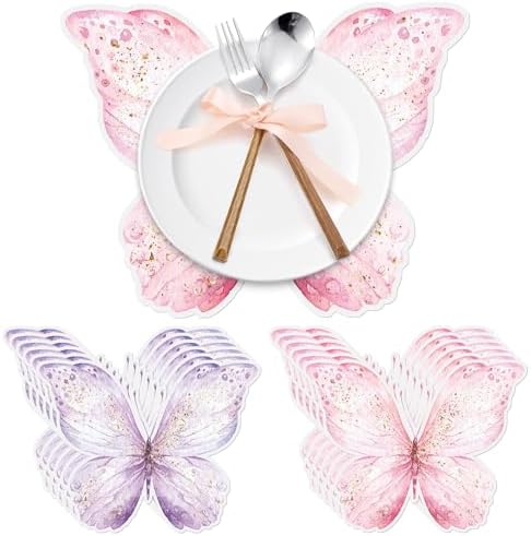 50 Pack Paper Butterfly Placemats Disposable Party Placemats Pink and Purple Butterfly Table Mats for Baby Shower Wedding Birthday Kitchen Dining Table Decoration