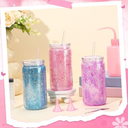 6 Pack Plastic Snow Globe Tumbler 16 Oz Pre Drilled Double Wall Clear Cups with Lid and Straw Squeeze Bottle Funnel Tweezer Bent Syringe for Glitter Snow Globe DIY Cup Making Supplies