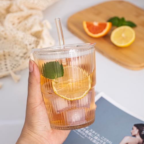 13OZ/400ML Ice Coffee Glass Tumbler, Thick Wall Water Glass Cup Mug Tea with Straw and Lid Sealed Carry On (Clear)