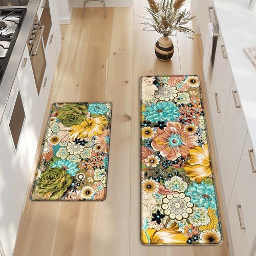 Kitchen Mats for Floor Cushioned Anti Fatigue Sets of 2 Boho Floral Kitchen Rugs Non Slip Waterproof Memory Foam Kitchen Floor Mats Padded Comfort Standing Mat Rug for Sink Laundry Office