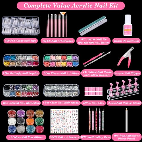 Acrylic Fake Nails Kit Press On Nail Kit with Clear Coffin Nail Tips Nail Display Stand Sequins Sticker Rhinestones Decorations Nail Art Brushes Fine Glitter DIY Nail Art Tool and Supplies