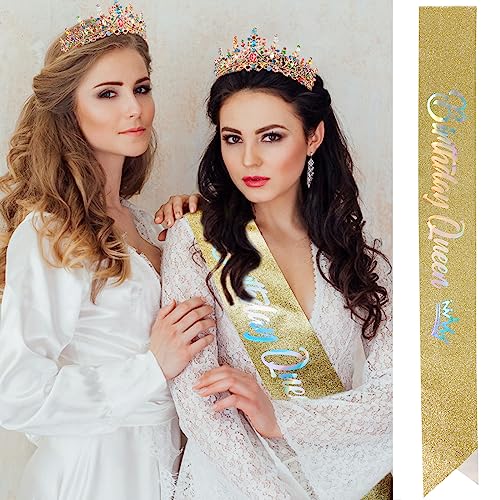 Velscrun Colourful Crystal Birthday Queen Tiara Crown for Women Girls Birthday Queen Headband Sash Elegant Princess Crown with Combs Hair Accessories Happy Birth Party Decorations Mom Birth Gift