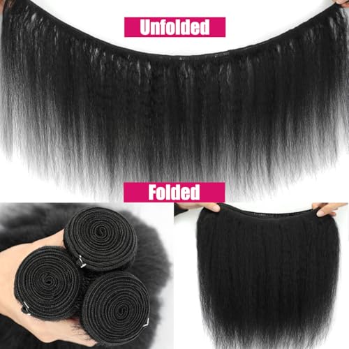 14 16 18 Kinky Straight Bundles Human Hair Yaki Straight Human Hair 3 Bundles 100% Unprocessed Brazilian Virgin Remy Hair Yaki Straight BundlesFor Black Women Natural Black Color