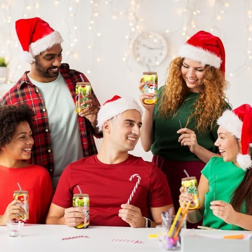 Sliner 8 Pcs 18oz Christmas in July Mason Jar Cups Summer Christmas Gift Mug with Lid and Straw Yulefest Tumbler Glasses Coffee Cups Jar Water Glassware Home Yuletide Decorations Gift for Women Men