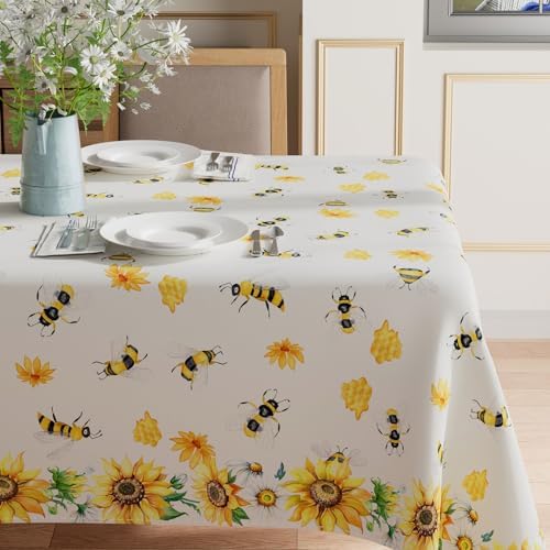 Yellow Sunflower White Daisy Bees Honey Summer Tablecloth Rectangle Washable Table Covers for Indoor Outdoor Dining Home Party Decorations 60x84 Inch
