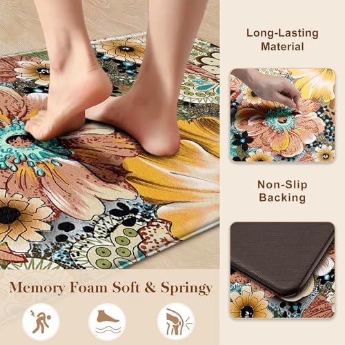 Kitchen Mats for Floor Cushioned Anti Fatigue Sets of 2 Boho Floral Kitchen Rugs Non Slip Waterproof Memory Foam Kitchen Floor Mats Padded Comfort Standing Mat Rug for Sink Laundry Office