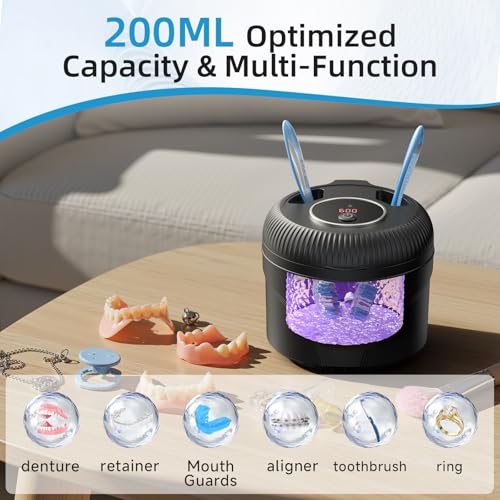 Ultrasonic Retainer Cleaner, 45kHz Retainer Cleaner Machine for Dentures, Mouth Guards, Aligners, Braces, Toothbrush Heads & Jewelry, 200ML Dental Cleaning Pod with 4 Modes & Digital Timer