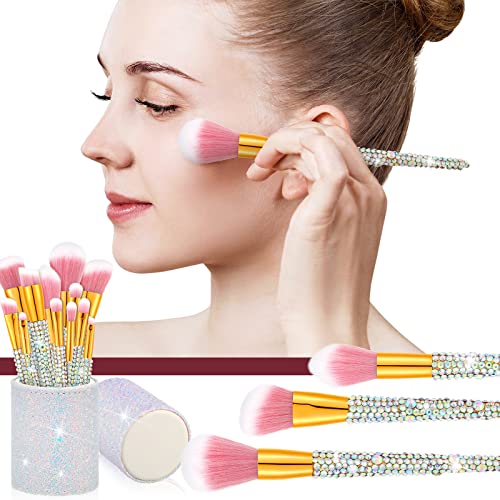 13 Pieces Rhinestone Makeup Brushes Set Bling Crystal Professional Face Cosmetics Blending Liquid Foundation Powder Concealer Eye Shadows Make up Beauty Tool Glitter with Holder (Silver)