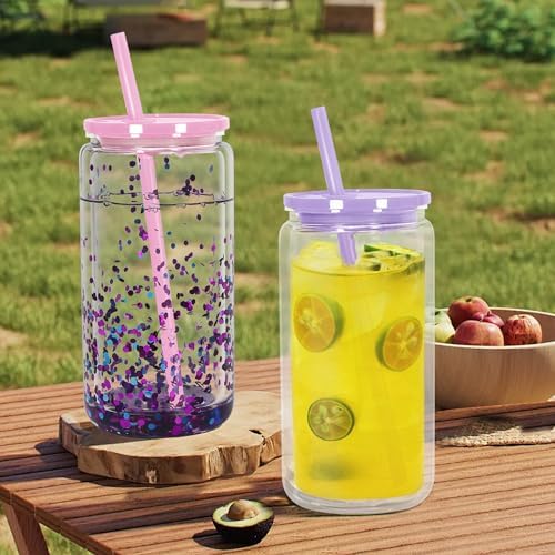 16 oz Acrylic Snow Globe Tumbler Snow Globe Cups Double Wall Snowglobe Tumbler with Pre Drilled Hole Clear Plastic Cups with Colorful Lids and Straws for Iced Coffee Boba Juice Soda 6 Pack
