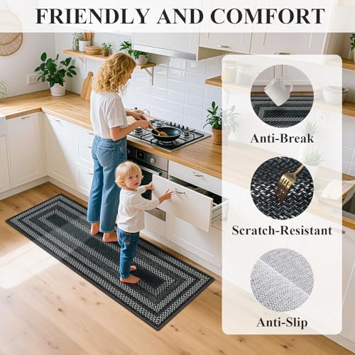 HEBE Washable Kitchen Rugs Sets of 3, Non Slip Absorbent Kitchen Rugs and Mats, Farmhouse Stain Resistant Faux Jute Kitchen Mat Carpet Runner for Kitchen Floor, Laundry Room, Hallway, Black/Grey
