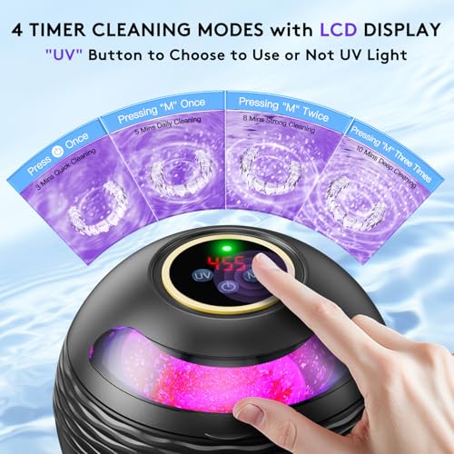 Ultrasonic Retainer Cleaner Machine - 45kHz Sonic Dental Cleaning Pod for Denture Mouth Guard, 200ML 4 Timer Modes Portable Ultrasonic Denture Cleaner for Dental Appliances, Aligner, Jewelry (Black)