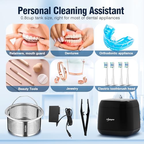Ultrasonic Retainer Cleaner Machine U-V, 45KHz 2 Modes Quiet, Denture Aligner Cleaner Mouth Guard Dental Cleaning Ultrasonic for All Dental Appliances, Jewelry 6.8oz Black