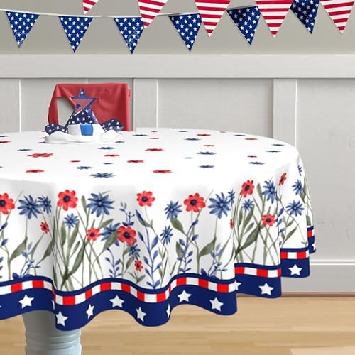 4th of July Round Tablecloth 60 Inch, Independence Day Tablecloth Memorial Day Table Cover American Red Blue Floral Decorative Patriotic Table Cover , Summer Seasonal Dinner Party Picnic Decoration