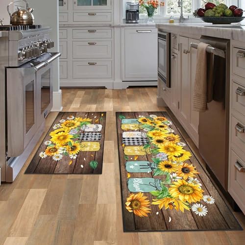 Sunflower Kitchen Decor Rug 2 Piece Set, Summer Country Farmhouse Style Kitchen Floor Mat, Absorbent and Washable Runner Decorations Rug 17×30+17×47 Inches