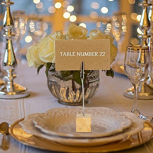 20 Pcs Wood Place Card Holders and 30 Pcs Kraft Place Cards, Photo Holders for Table, Rustic Wood Table Picture Number Holder Stand with Memo Clips for Wedding Party Name Sign