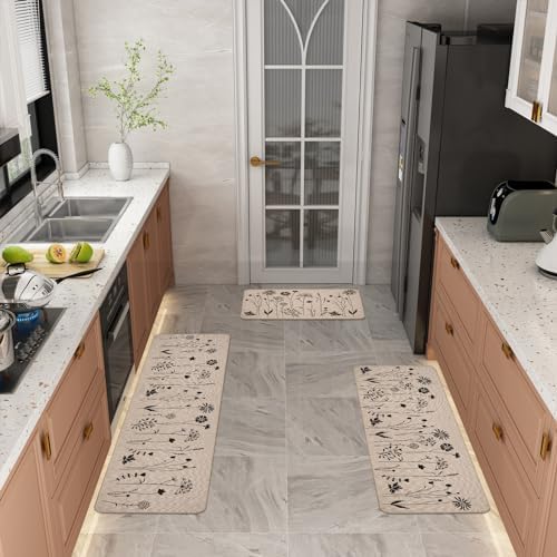 Rempry 3 PCS Kitchen Rugs Set, Flowers Non Slip Kitchen Mats for Floor, Waterproof Kitchen Rug for Laundry Room, Kithcen, 17"x47"+17"x30"+17"x59"