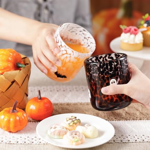 2 Pcs Icon Glass Cups - 16 oz Cute Icon Juice Glass Double Old Fashioned Hand Blown Drinking Cups for Holiday Party Home Decor Lovely Gifts(Halloween Style)