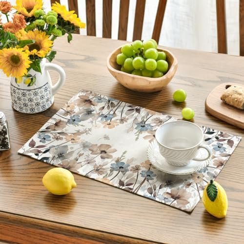 Artoid Mode Brown Poppy Flowers Floral Blossom Summer Placemats Set of 4,12x18 Inch Seasonal Fall Table Mats for Party Kitchen Dining Decoration