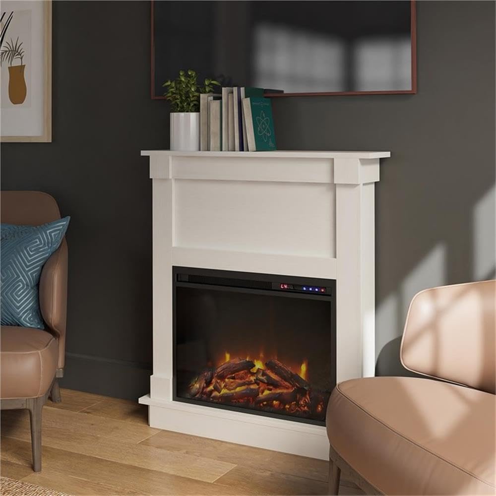 Ameriwood Home Ellsworth Fireplace with Mantel, White - Cozy Electric Heater for Home & Kitchen, 400 sq. ft. Heating, Remote Control, Neutral Finish