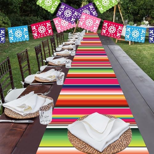 12Pack Plastic Mexican Table Runner Disposable Mayo Mexican Serape Table Runner 14 x 84Inch Colorful Striped Table Cover for Dinning Table Fiesta Party Taco Party Decor Supplies