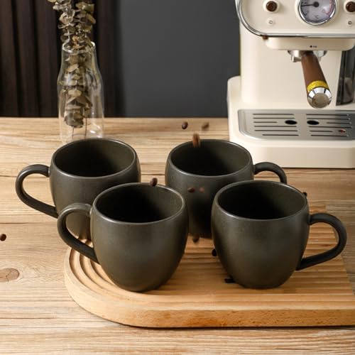 Coffee Mugs Set of 4, Ceramic 16 oz Coffee Cups for Tea, Milk, Cereal, Cappuccino, Porcelain Latte Cups with Large Handle, Stoneware Coffee Mugs for Christmas Housewarming Gifts, Black