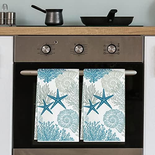 Ocean Theme Kitchen Dish Towel Beach Seashell Coral Starfish Hand Dying Towel Sea Creature Tea for Cooking Baking Kitchen Accessories, Set of 2, 18 x 28 Inch