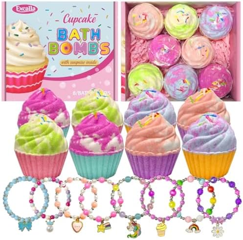 Bath Bombs for Kids with Surprise Jewelry Inside, 8 Cupcake Bath Bombs for Girls Gift Set, Handmade Fizzes Balls with Rich Bubble Bath, Ideal for Chrildren Birthday Christmas