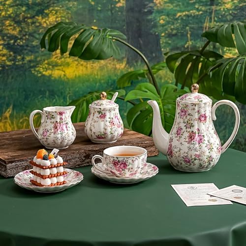 Tea Cup and Saucers, 6.4oz Floral Tea Cups with Gold Trim, Porcelain Bone China Teacup, Coffee Cappuccino Espresso Latte Mugs for Party Birthday,Party Cafe Home, Christmas Gift (White)